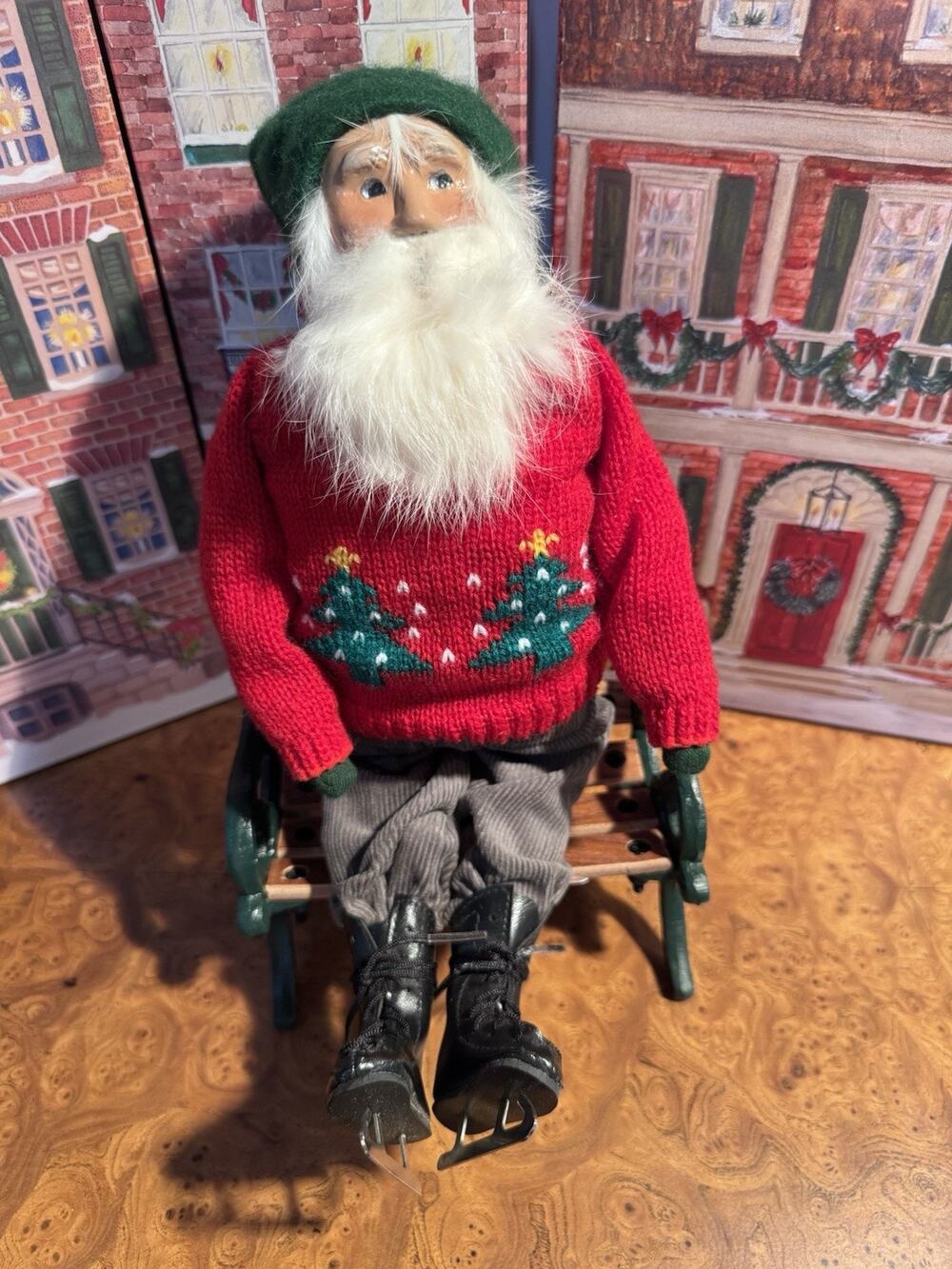 Byers Choice 1993 Fall/Sitting Santa Beard Ice Skates Red Tree Sweater w Bench